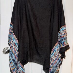 Three Bird Nest Black Poncho Top with Multicolor Geometric Trim